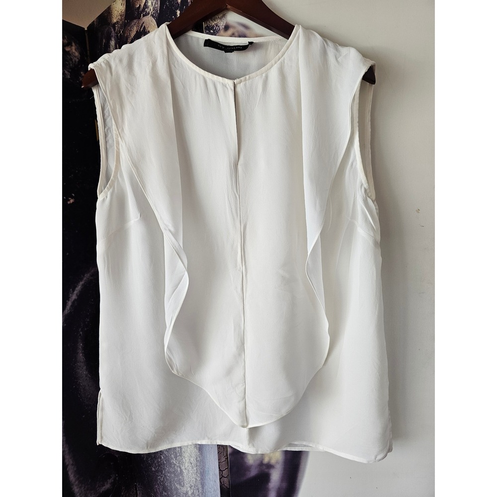 St. John White Sleeveless Ruffle Front Drape Blouse Top Women's XL YJ01